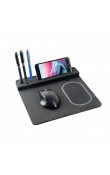 Siyah üst kalemlikli PU deri wireless şarjlı telefon standlı promosyon mouse pad